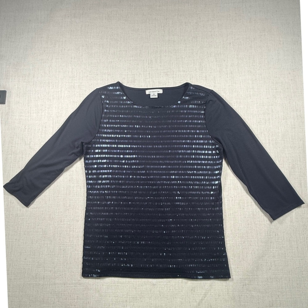 Liz Claiborne Womens Black Sequined Striped 3/4 Navy Sleeve Knit Top Size M